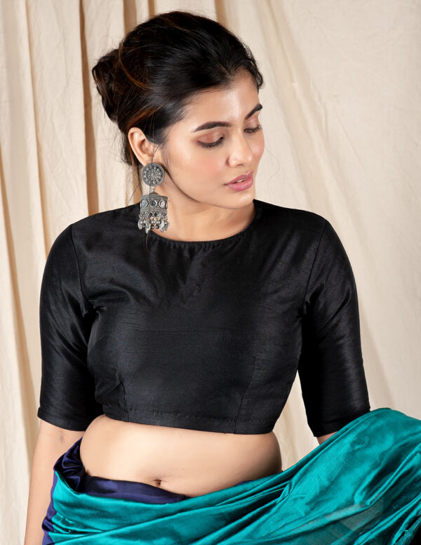 Black Raw Silk Padded Blouse With Wrap Around Tie Up And Tassels