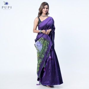 Purple Chrysanthemums on Pure Assam Silk Handpainted Saree With Blouse Piece