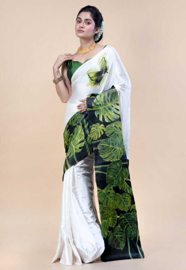 Mega Monstera Handpainted White Pure Mulberry Satin Silk Saree