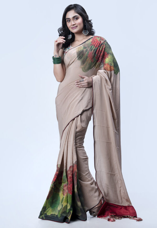 Red Geranium on Peach Pure Crepe Silk Handpainted Saree with Blouse Piece